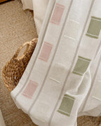 Geometric Embroidered Curtain Sage Green Pink Ivory Linen Blend Light Filtering Panel