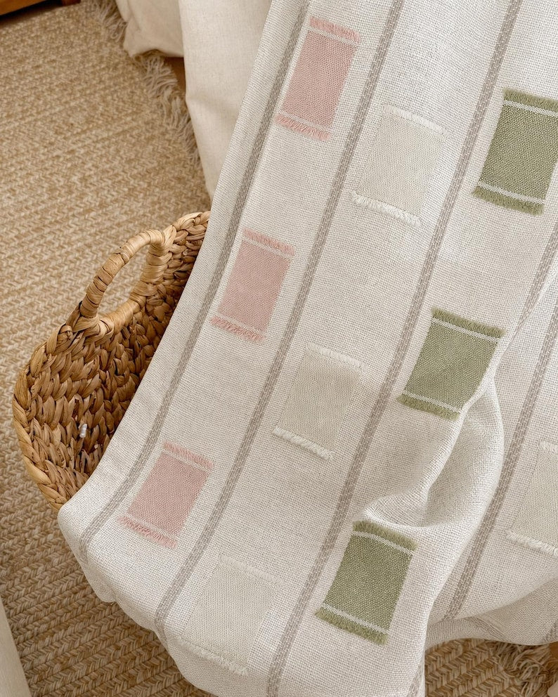 Geometric Embroidered Curtain Sage Green Pink Ivory Linen Blend Light Filtering Panel