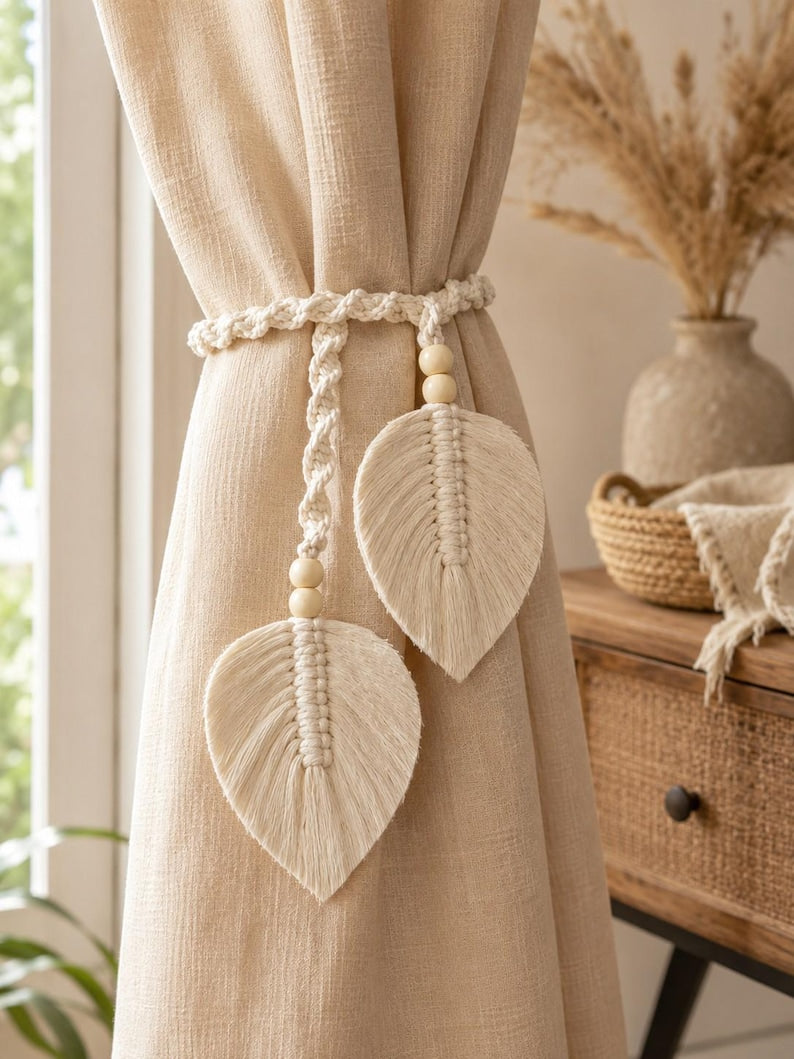 Handmade Macrame Leaf Curtain Tieback Woven Boho Window Drapery Holder for Living Room Bedroom