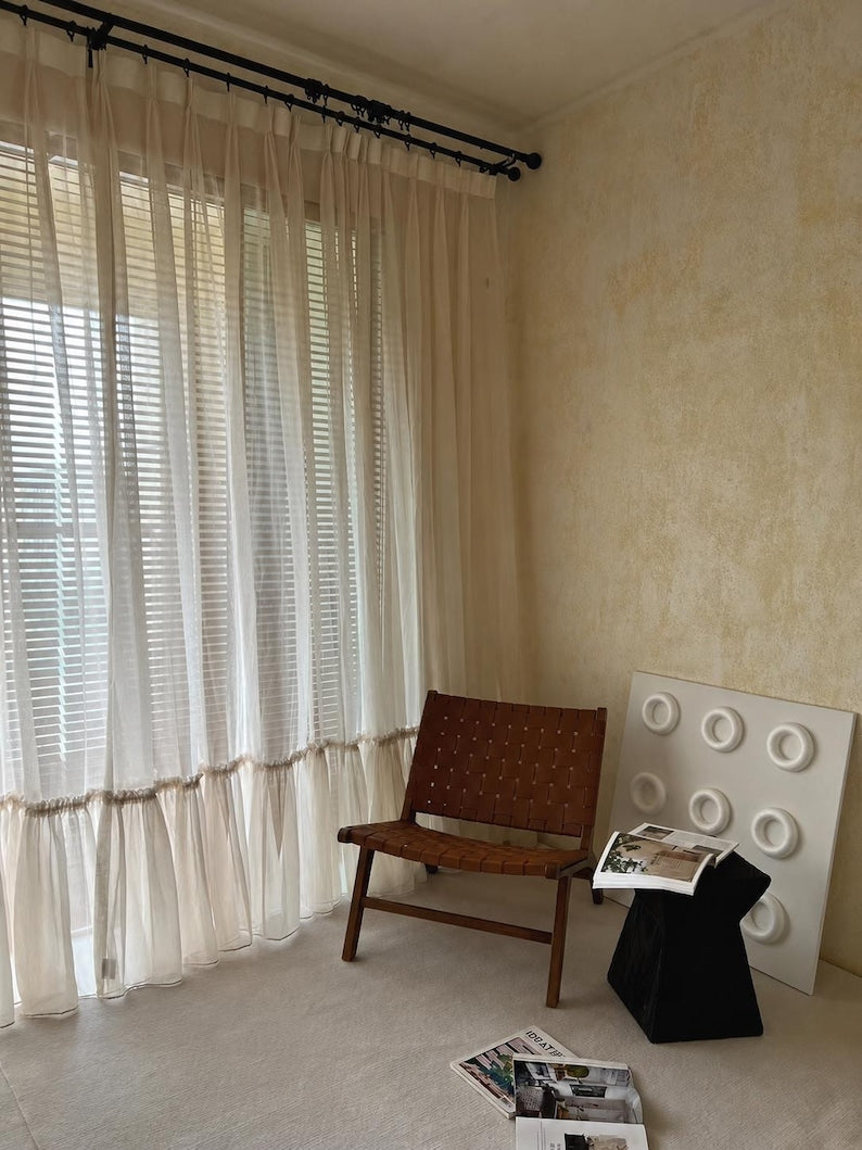 Linen Blend Cafe Curtains with Ruffled Bottom Hem, Light Filtering Sheer Panels for Kitchen and Living Room, Cottage French Country Style, Sold Individually