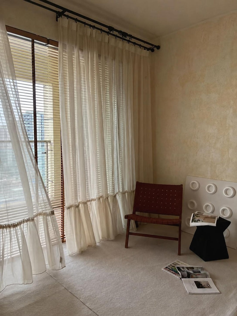 Linen Blend Cafe Curtains with Ruffled Bottom Hem, Light Filtering Sheer Panels for Kitchen and Living Room, Cottage French Country Style, Sold Individually