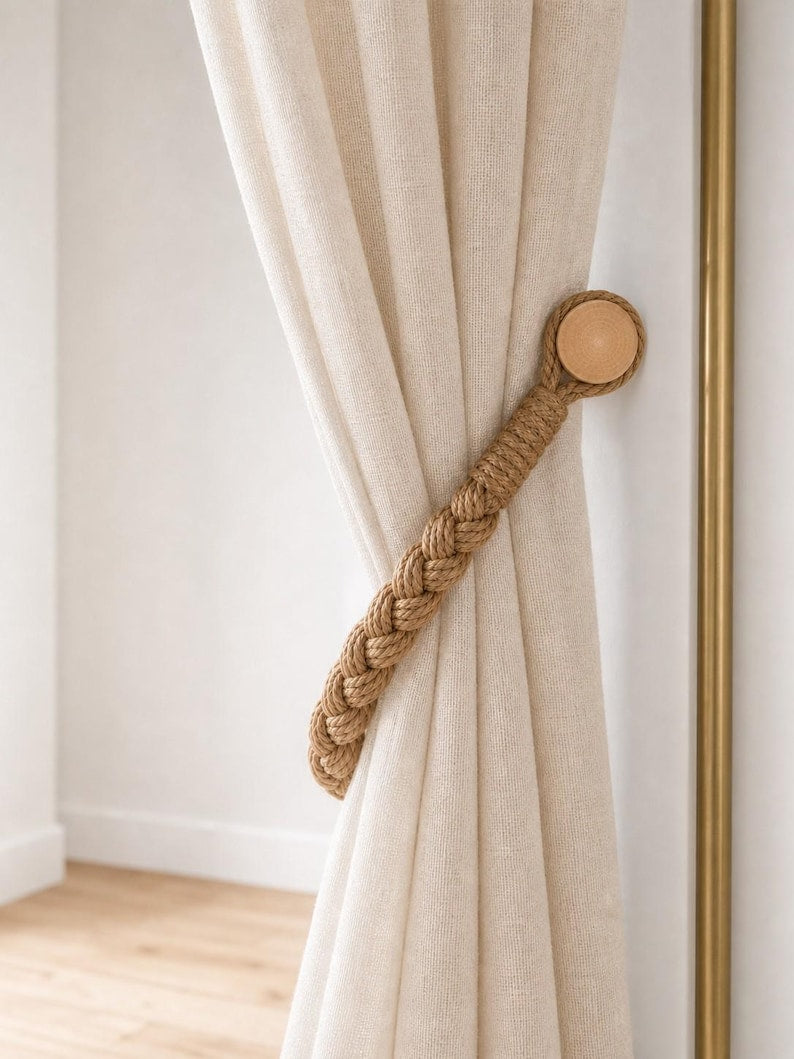 Braided Rope Curtain Tiebacks with Magnetic Wooden Clasp, Natural Beige Curtain Holdbacks for Boho Farmhouse Window Decor, Set of 2