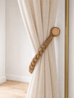 Braided Rope Curtain Tiebacks with Magnetic Wooden Clasp, Natural Beige Curtain Holdbacks for Boho Farmhouse Window Decor, Set of 2