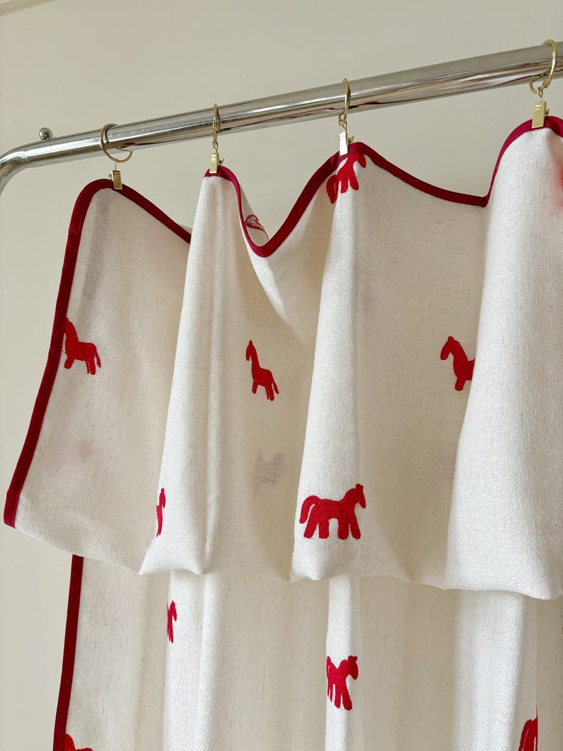 Red Horse Embroidered Curtain, Linen Blend Cafe Curtain, Equestrian Window Panel, French Country Farmhouse Drapes, Ivory, Sold Individually