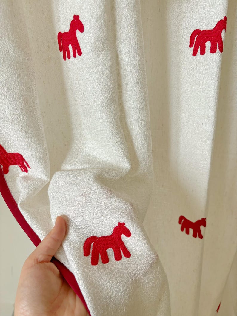 Red Horse Embroidered Curtain, Linen Blend Cafe Curtain, Equestrian Window Panel, French Country Farmhouse Drapes, Ivory, Sold Individually