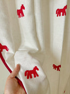 Red Horse Embroidered Curtain, Linen Blend Cafe Curtain, Equestrian Window Panel, French Country Farmhouse Drapes, Ivory, Sold Individually
