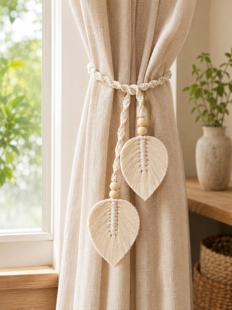 Handmade Macrame Leaf Curtain Tieback Woven Boho Window Drapery Holder for Living Room Bedroom