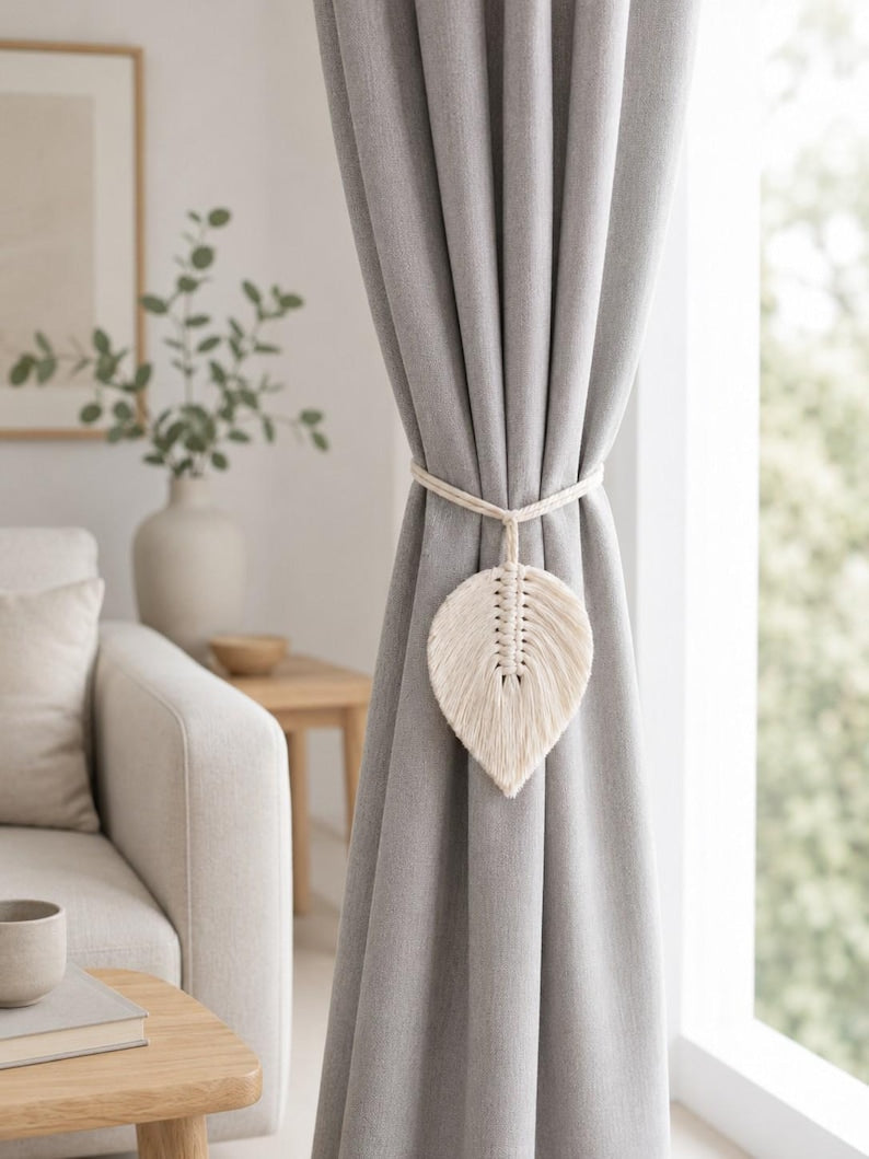 Handmade Macrame Leaf Curtain Tieback Woven Boho Window Drapery Holder for Living Room Bedroom