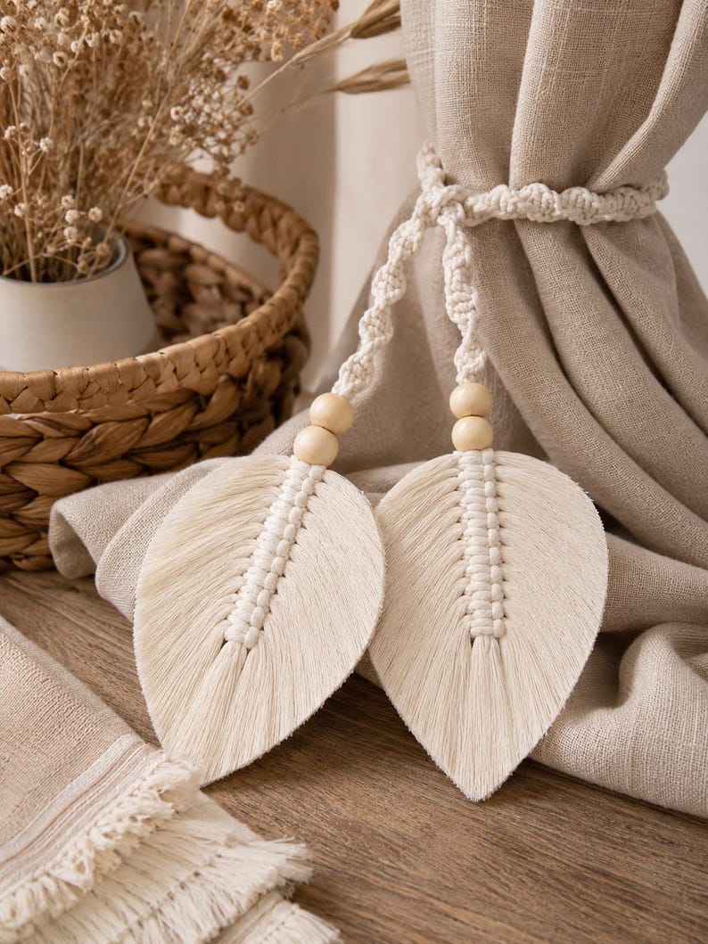 Handmade Macrame Leaf Curtain Tieback Woven Boho Window Drapery Holder for Living Room Bedroom