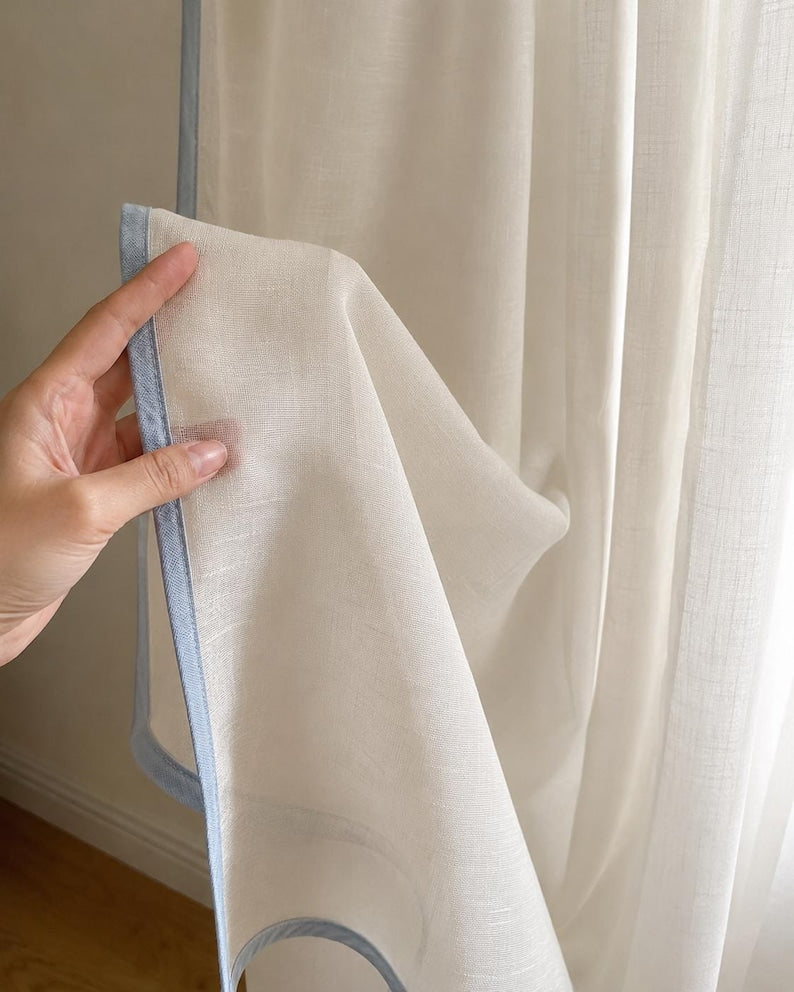 Ivory Striped Sheer Curtains Linen Blend Textured Window Panels with Valance Contrast Trim, 11 Colors, Sold Individually