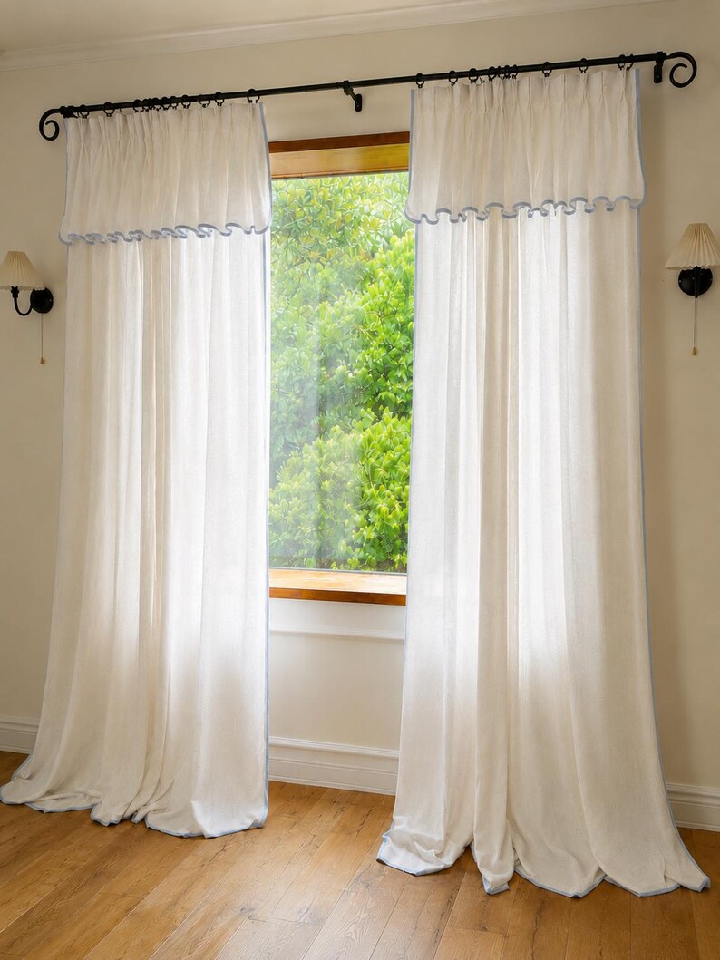 Ivory Striped Sheer Curtains Linen Blend Textured Window Panels with Valance Contrast Trim, 11 Colors, Sold Individually