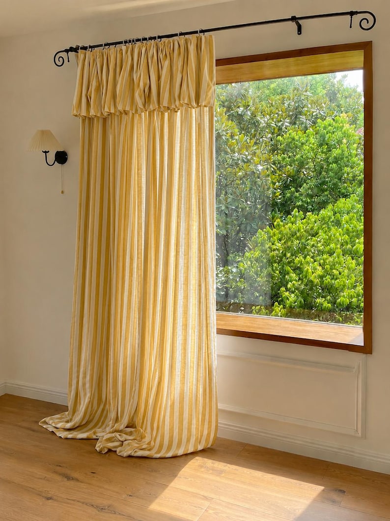 Yellow Striped Linen Blend Curtain Panel with Ruffle Top, Rod Pocket Light Filtering Window Drape
