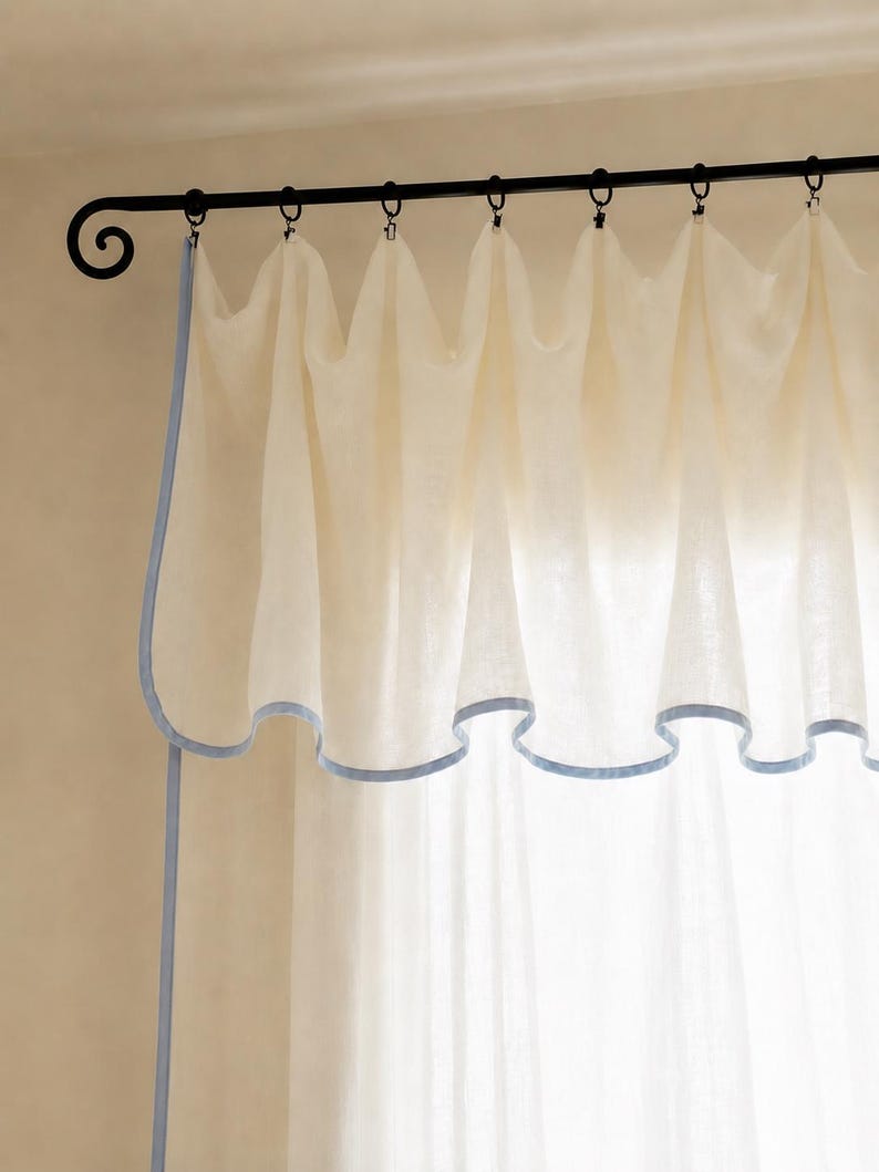 Ivory Striped Sheer Curtains Linen Blend Textured Window Panels with Valance Contrast Trim, 11 Colors, Sold Individually