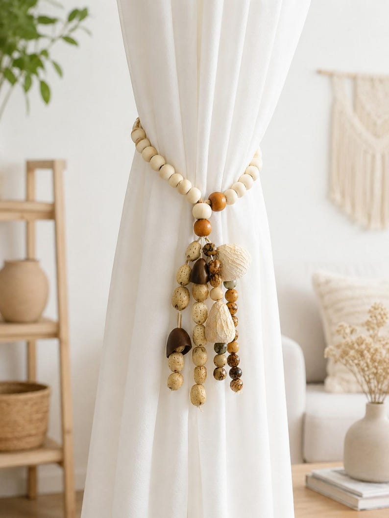 Bohemian-style curtain tie-back made of natural wood beads and cord