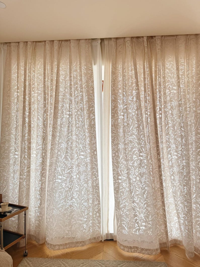 Ivory floral embroidered sheer curtains, botanical lace curtains, light-filtering design