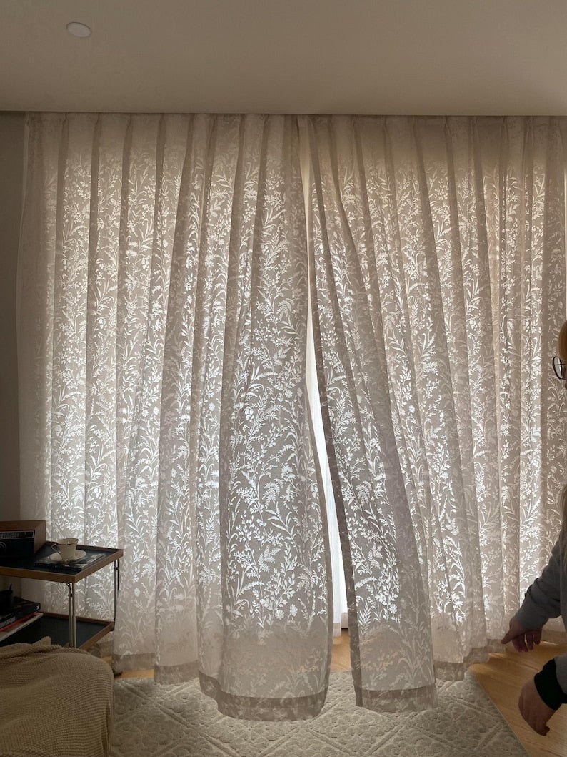 Ivory floral embroidered sheer curtains, botanical lace curtains, light-filtering design