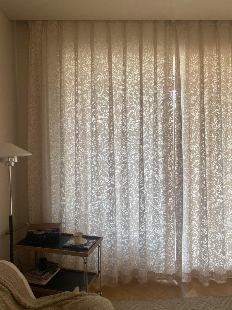 Ivory floral embroidered sheer curtains, botanical lace curtains, light-filtering design