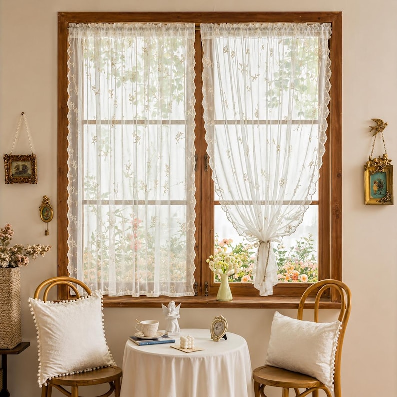 Floral Embroidered Lace Sheer Curtain Panel, Rod Pocket, Beige or Black, 55.1 in Wide