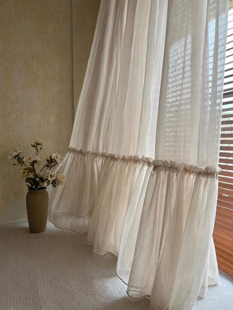 Linen Blend Cafe Curtains with Ruffled Bottom Hem, Light Filtering Sheer Panels for Kitchen and Living Room, Cottage French Country Style, Sold Individually