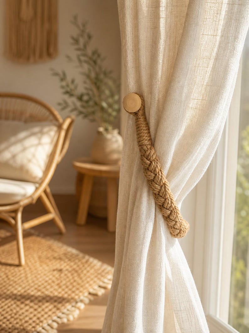 Braided Rope Curtain Tiebacks with Magnetic Wooden Clasp, Natural Beige Curtain Holdbacks for Boho Farmhouse Window Decor, Set of 2