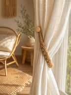 Braided Rope Curtain Tiebacks with Magnetic Wooden Clasp, Natural Beige Curtain Holdbacks for Boho Farmhouse Window Decor, Set of 2