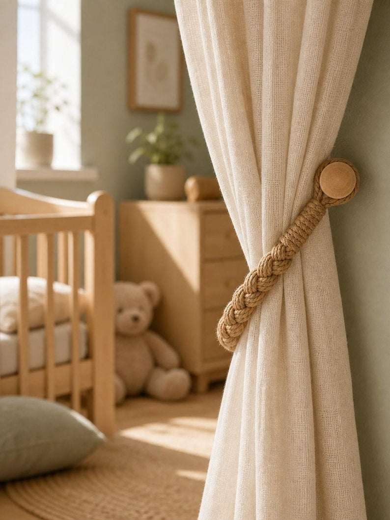 Braided Rope Curtain Tiebacks with Magnetic Wooden Clasp, Natural Beige Curtain Holdbacks for Boho Farmhouse Window Decor, Set of 2