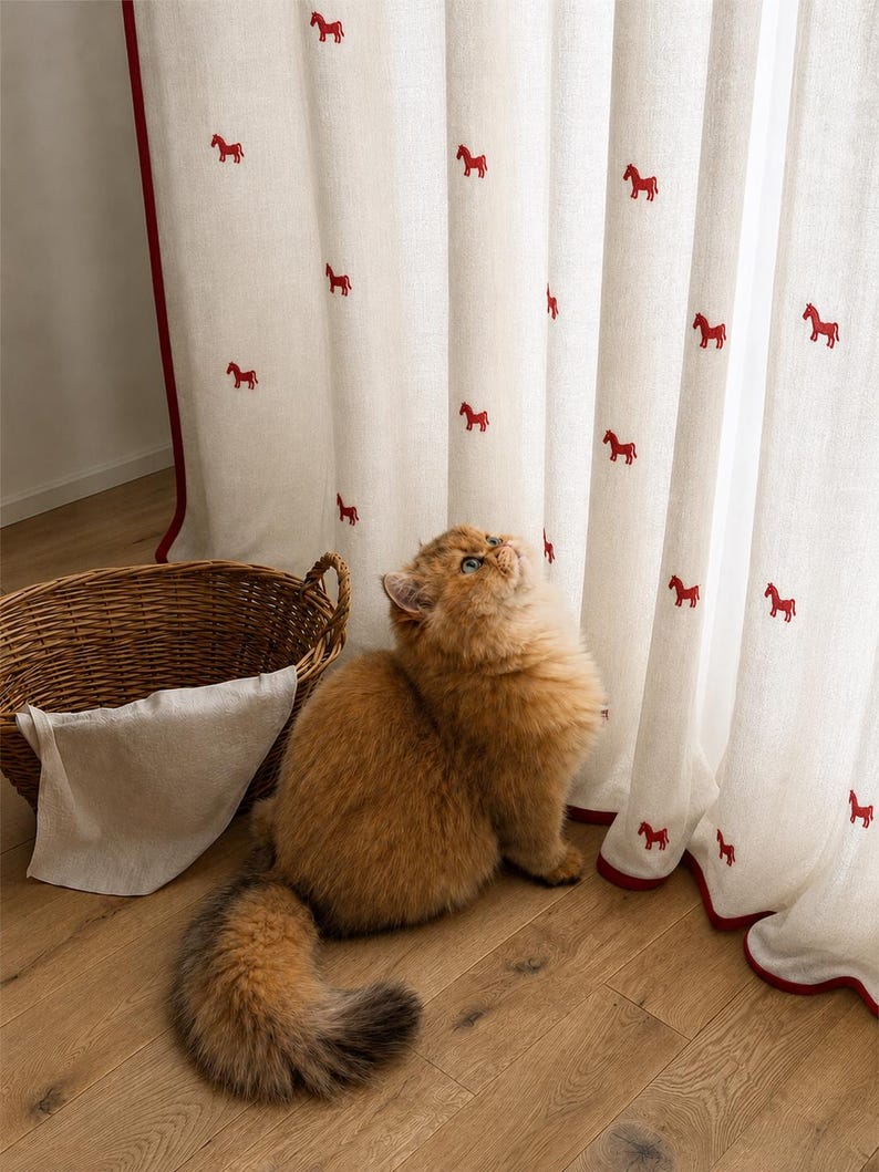 Red Horse Embroidered Curtain, Linen Blend Cafe Curtain, Equestrian Window Panel, French Country Farmhouse Drapes, Ivory, Sold Individually