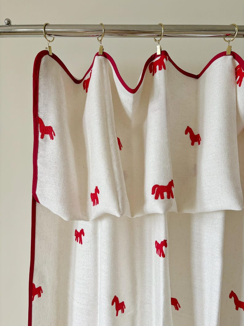 Red Horse Embroidered Curtain, Linen Blend Cafe Curtain, Equestrian Window Panel, French Country Farmhouse Drapes, Ivory, Sold Individually
