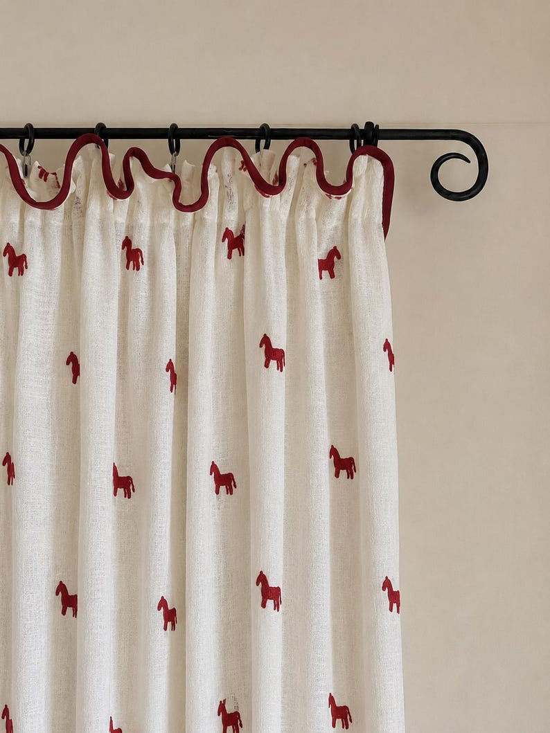 Red Horse Embroidered Curtain, Linen Blend Cafe Curtain, Equestrian Window Panel, French Country Farmhouse Drapes, Ivory, Sold Individually