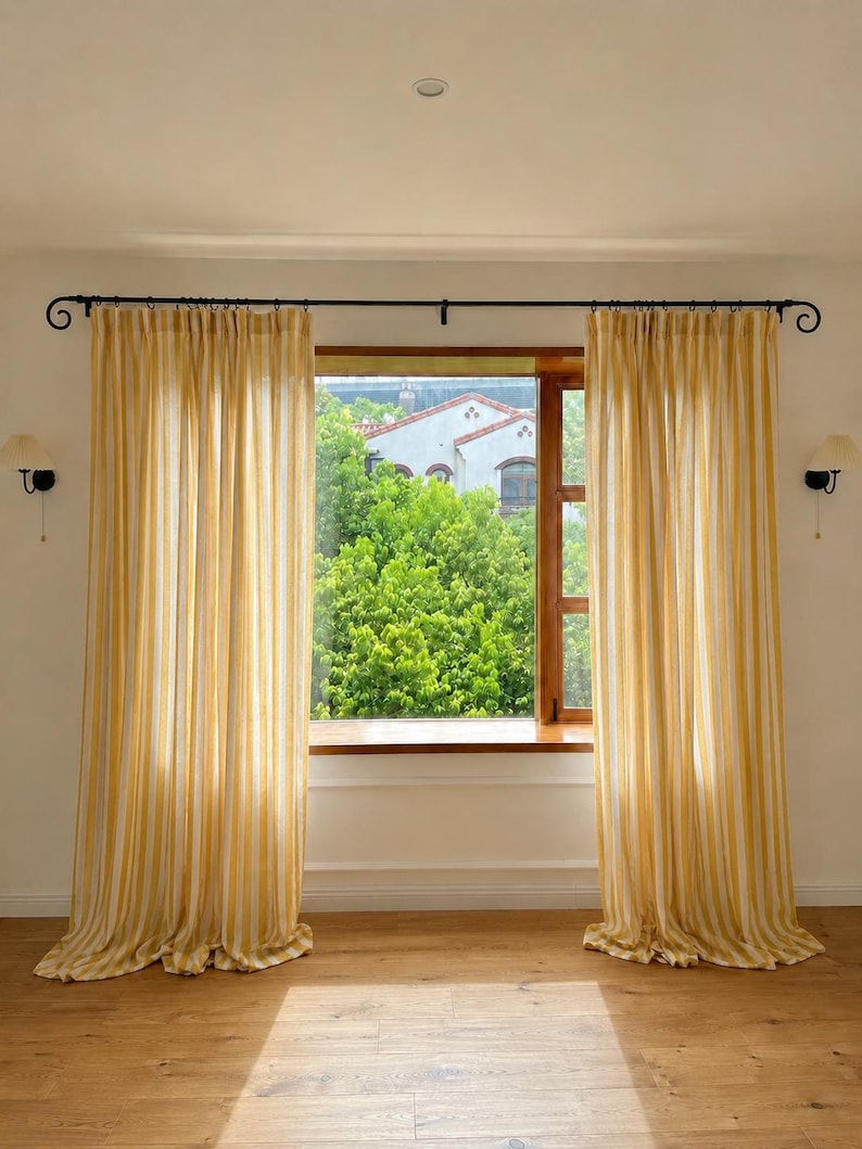 Yellow Striped Linen Blend Curtain Panel with Ruffle Top, Rod Pocket Light Filtering Window Drape