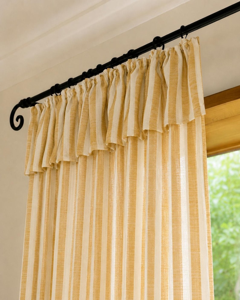 Yellow Striped Linen Blend Curtain Panel with Ruffle Top, Rod Pocket Light Filtering Window Drape