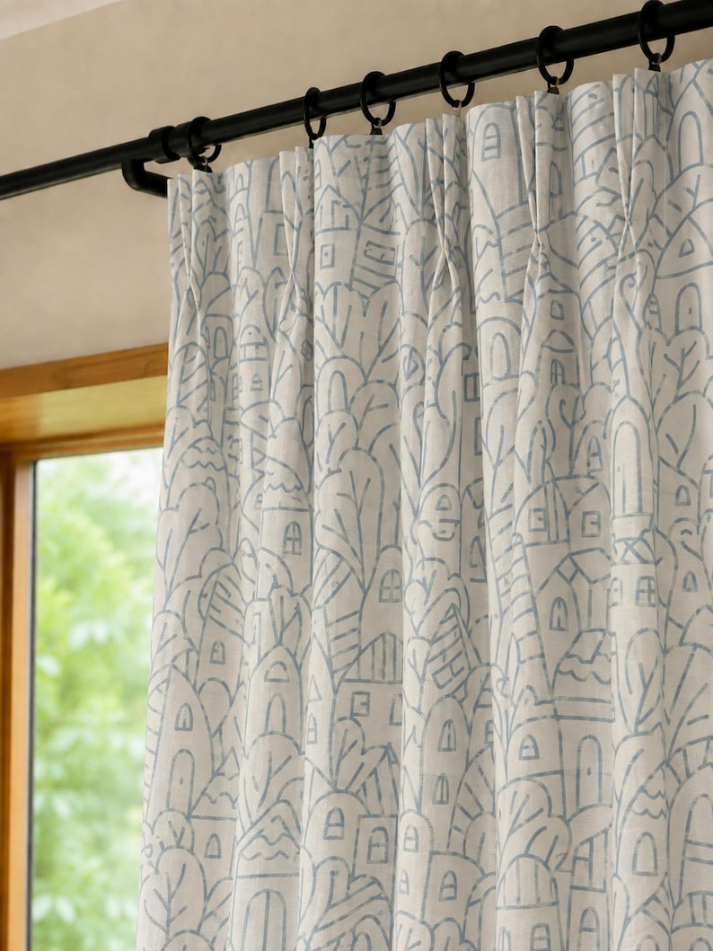 Blue-Gray Village Print Sheer Curtains, Lightweight Window Drapes, Cottagecore Style, Nursery & Living Room, Custom Sizes, Sold Individually