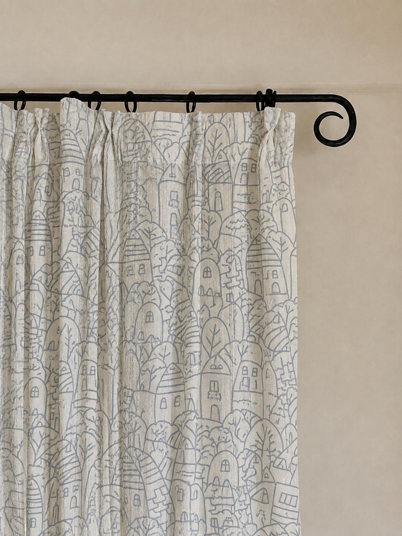 Blue-Gray Village Print Sheer Curtains, Lightweight Window Drapes, Cottagecore Style, Nursery & Living Room, Custom Sizes, Sold Individually