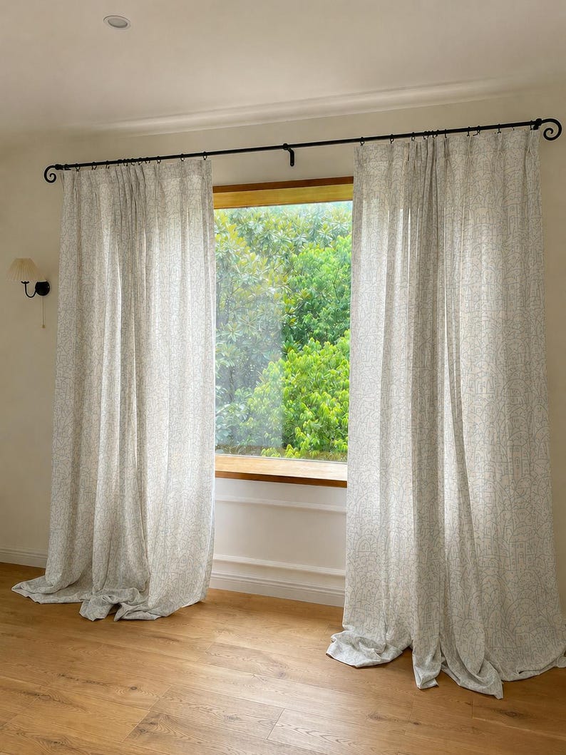 Blue-Gray Village Print Sheer Curtains, Lightweight Window Drapes, Cottagecore Style, Nursery & Living Room, Custom Sizes, Sold Individually