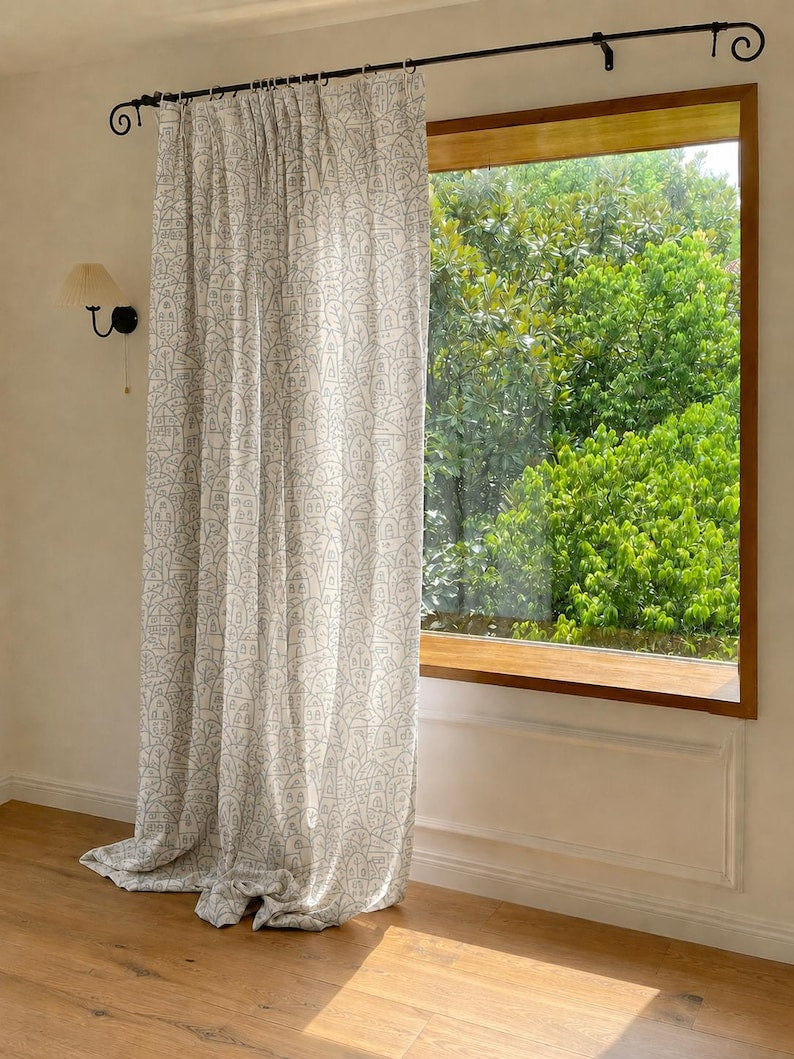Blue-Gray Village Print Sheer Curtains, Lightweight Window Drapes, Cottagecore Style, Nursery & Living Room, Custom Sizes, Sold Individually