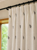Black Floral Embroidered Curtains, Off-White Botanical Window Drapes, French Country Farmhouse Panels
