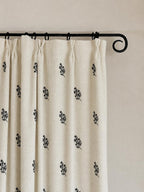 Black Floral Embroidered Curtains, Off-White Botanical Window Drapes, French Country Farmhouse Panels