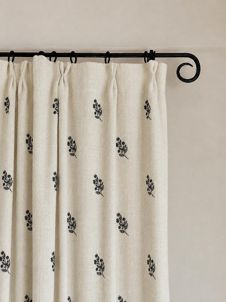 Black Floral Embroidered Curtains, Off-White Botanical Window Drapes, French Country Farmhouse Panels