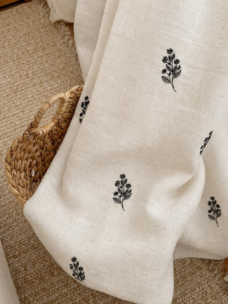 Black Floral Embroidered Curtains, Off-White Botanical Window Drapes, French Country Farmhouse Panels