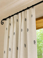 Black Floral Embroidered Curtains, Off-White Botanical Window Drapes, French Country Farmhouse Panels