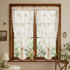 Floral Embroidered Lace Sheer Curtain Panel, Rod Pocket, Beige or Black, 55.1 in Wide