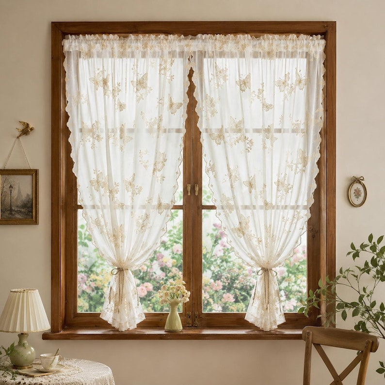 Floral Embroidered Lace Sheer Curtain Panel, Rod Pocket, Beige or Black, 55.1 in Wide