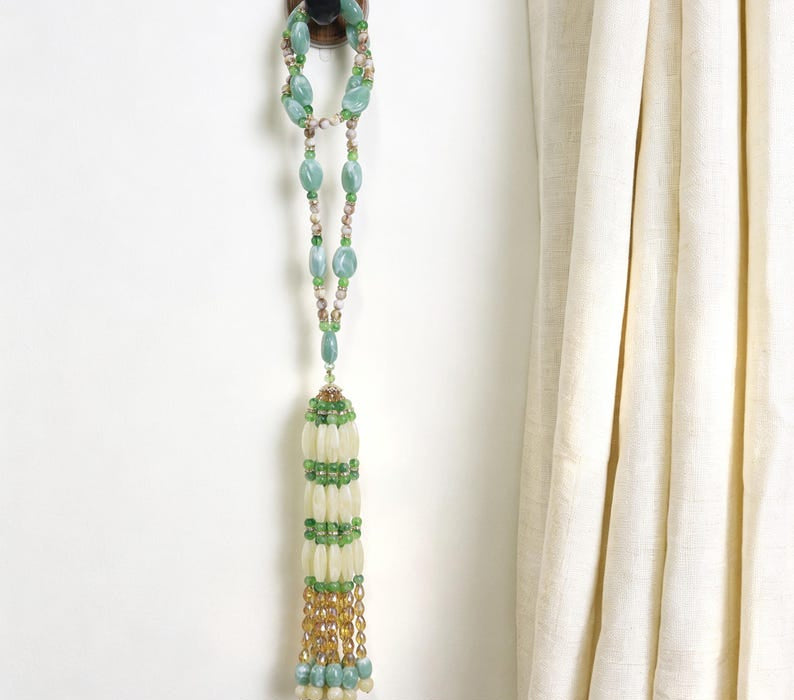 Handmade Beaded Curtain Tieback, Jade-Toned Oriental Tassel Window Decor, 25.59 Inches, 218.5g