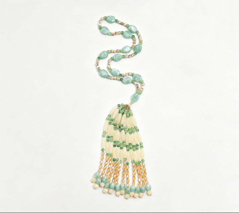 Handmade Beaded Curtain Tieback, Jade-Toned Oriental Tassel Window Decor, 25.59 Inches, 218.5g