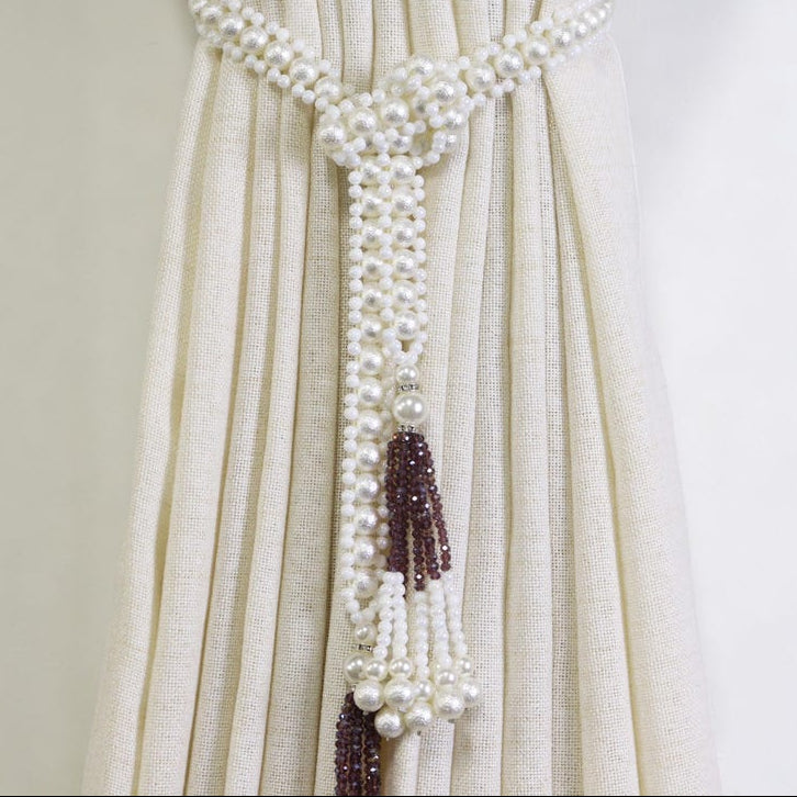 Beaded Curtain Tieback with Tassels, Cream-White Faux Pearl Self-Tie Curtain Holdback, 40.2 in, 117.2g, Set of 1