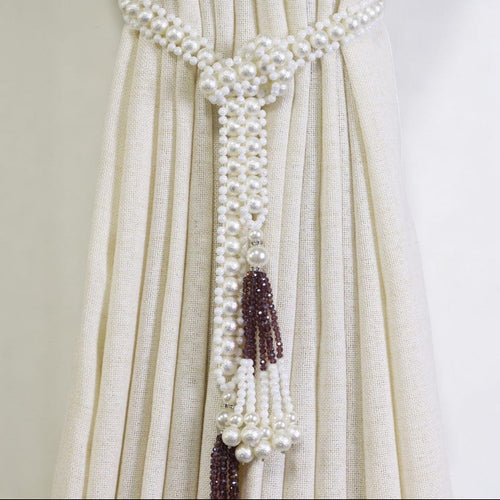 Beaded Curtain Tieback with Tassels, Cream-White Faux Pearl Self-Tie Curtain Holdback, 40.2 in, 117.2g, Set of 1