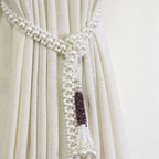 Beaded Curtain Tieback with Tassels, Cream-White Faux Pearl Self-Tie Curtain Holdback, 40.2 in, 117.2g, Set of 1
