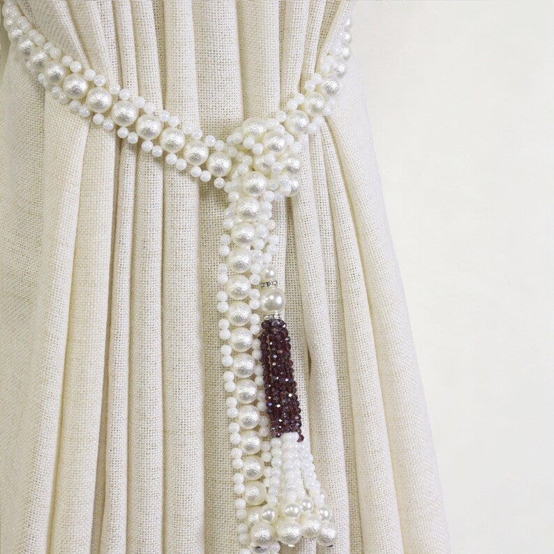 Beaded Curtain Tieback with Tassels, Cream-White Faux Pearl Self-Tie Curtain Holdback, 40.2 in, 117.2g, Set of 1