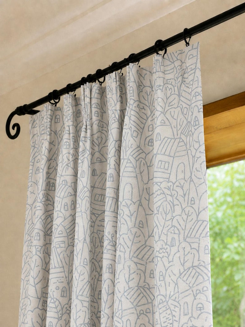 Blue-Gray Village Print Sheer Curtains, Lightweight Window Drapes, Cottagecore Style, Nursery & Living Room, Custom Sizes, Sold Individually