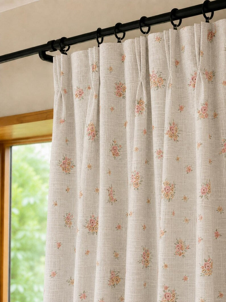 Floral Sheer Curtain Pink Yellow Vintage Botanical Print Light Filtering Window Panel for Cottage French Country Farmhouse Decor